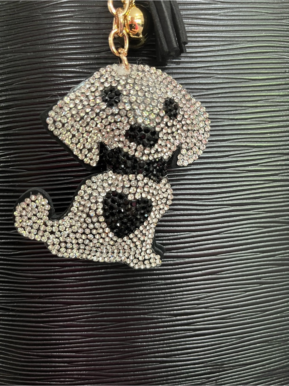 Crystal Dog Charm Keychain w/Black Heart Accent -gold hardware easy clip on bag